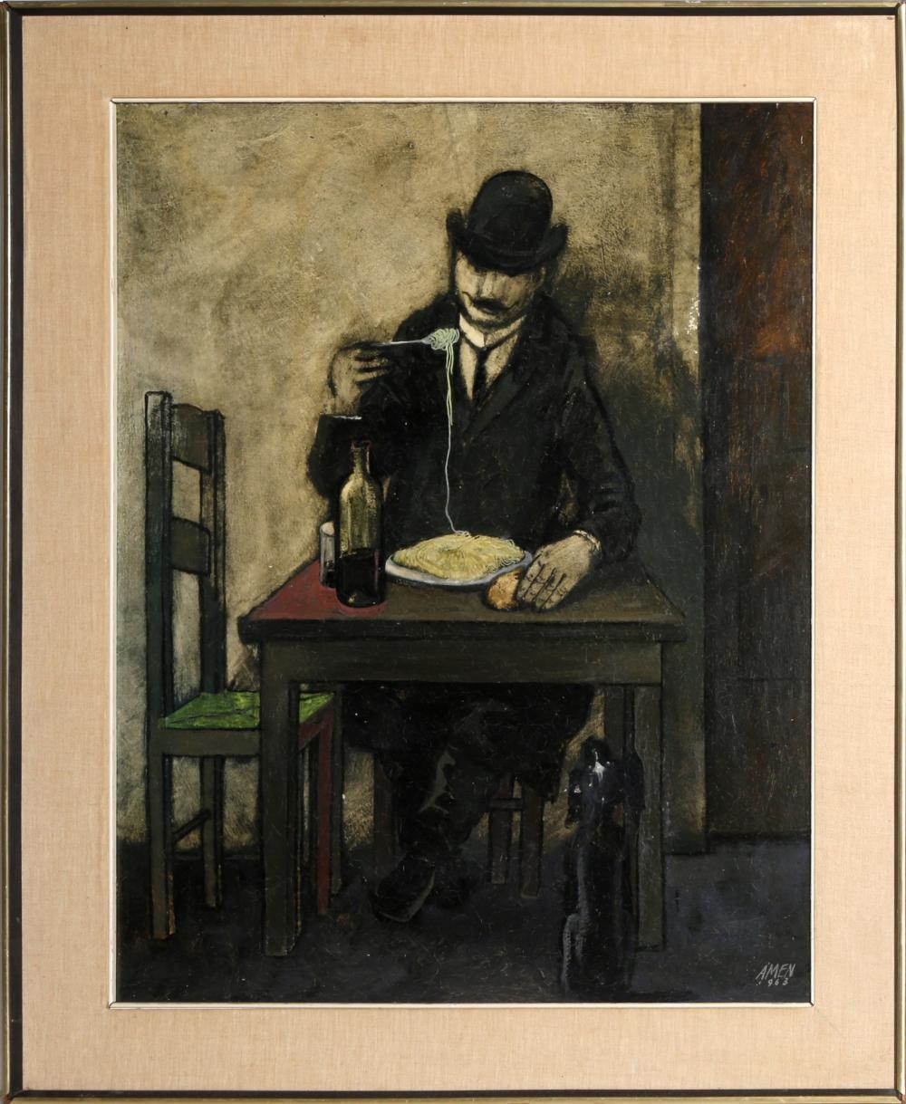 Artwork by Antonio Menegazzo, Man Eating Spaghetti, Made of oil on board painting