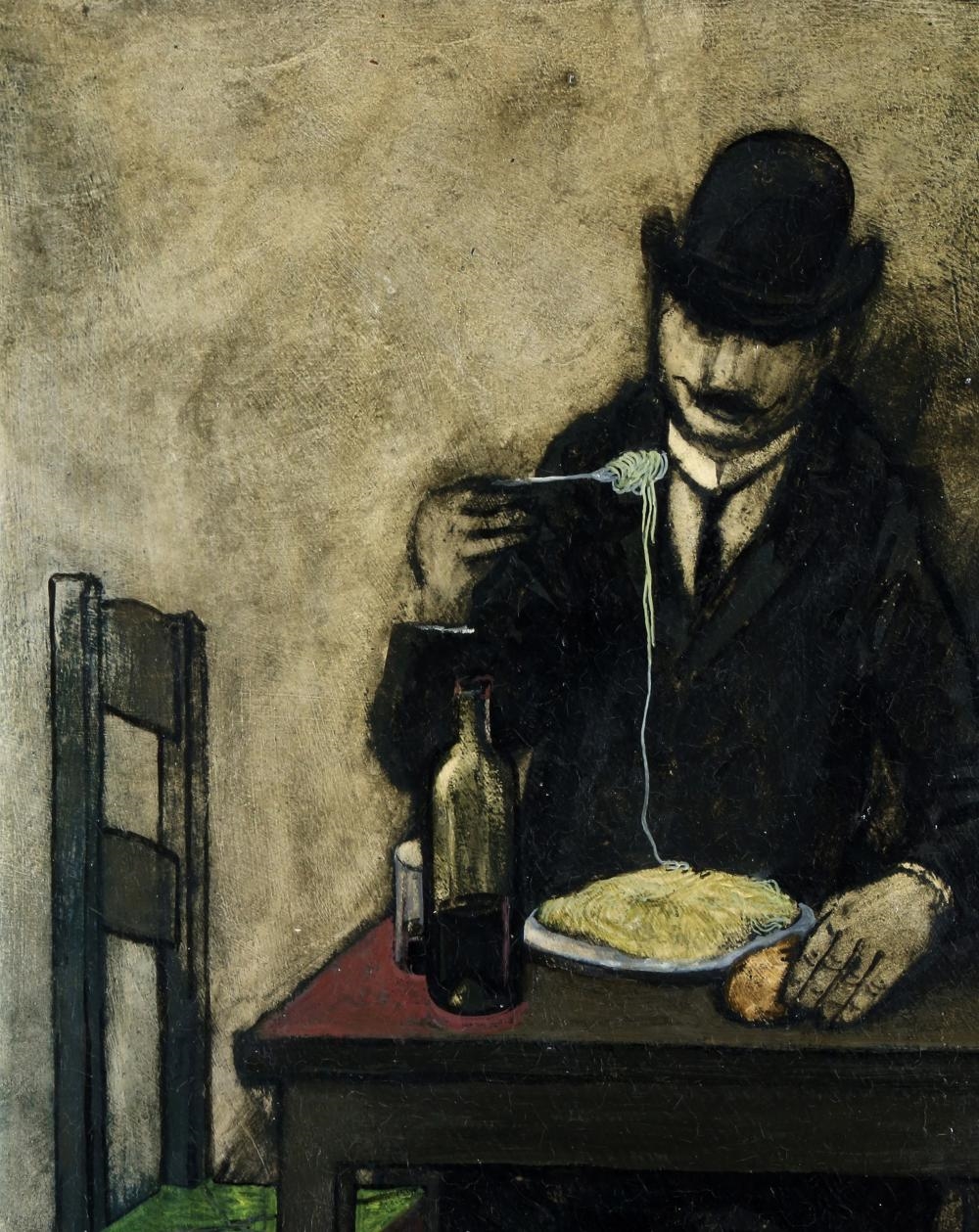 Artwork by Antonio Menegazzo, Man Eating Spaghetti, Made of oil on board painting