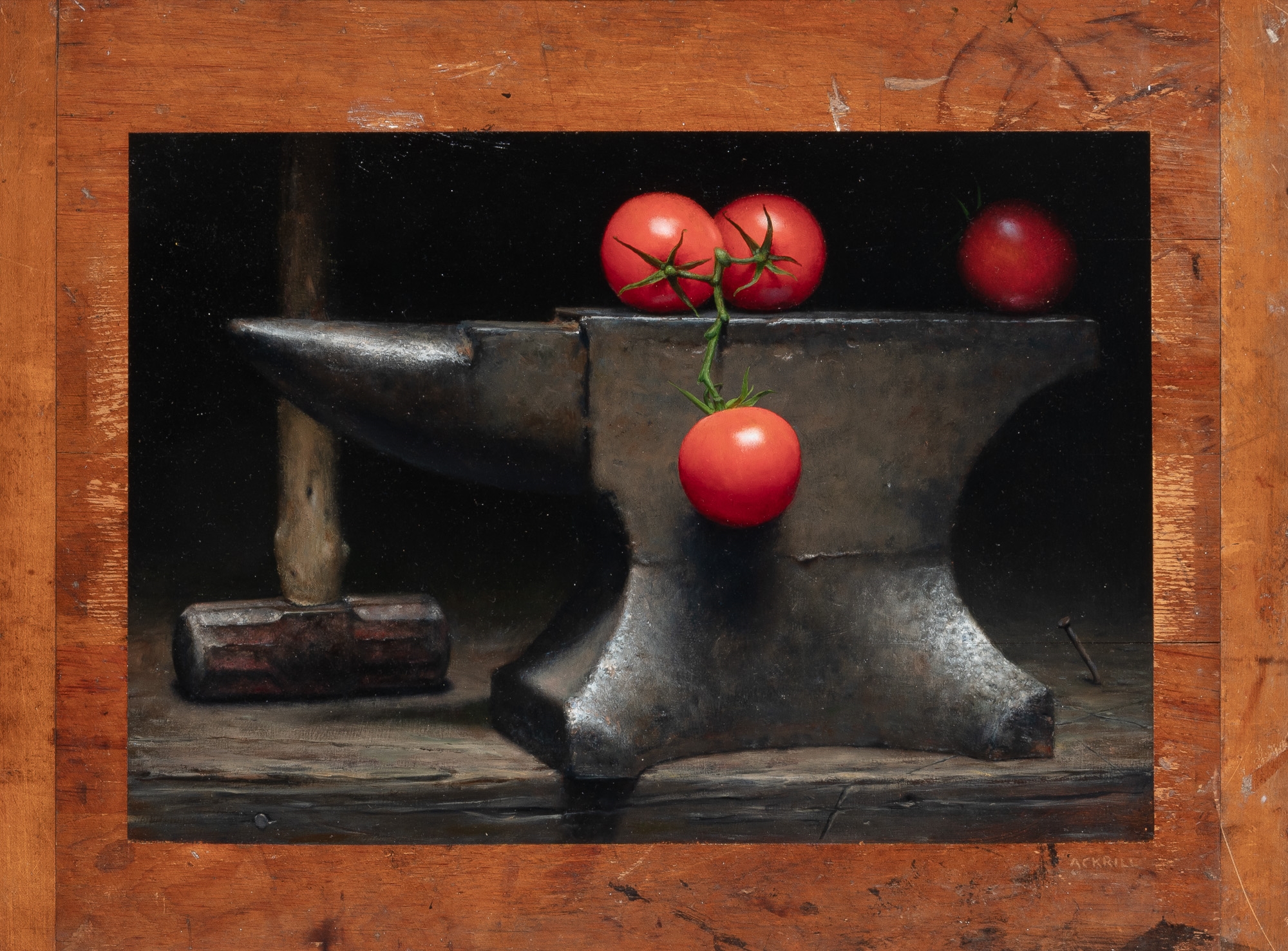 Artwork by Anthony Ackrill, Tomato and Anvil, Made of Oil on reclaimed wood panel