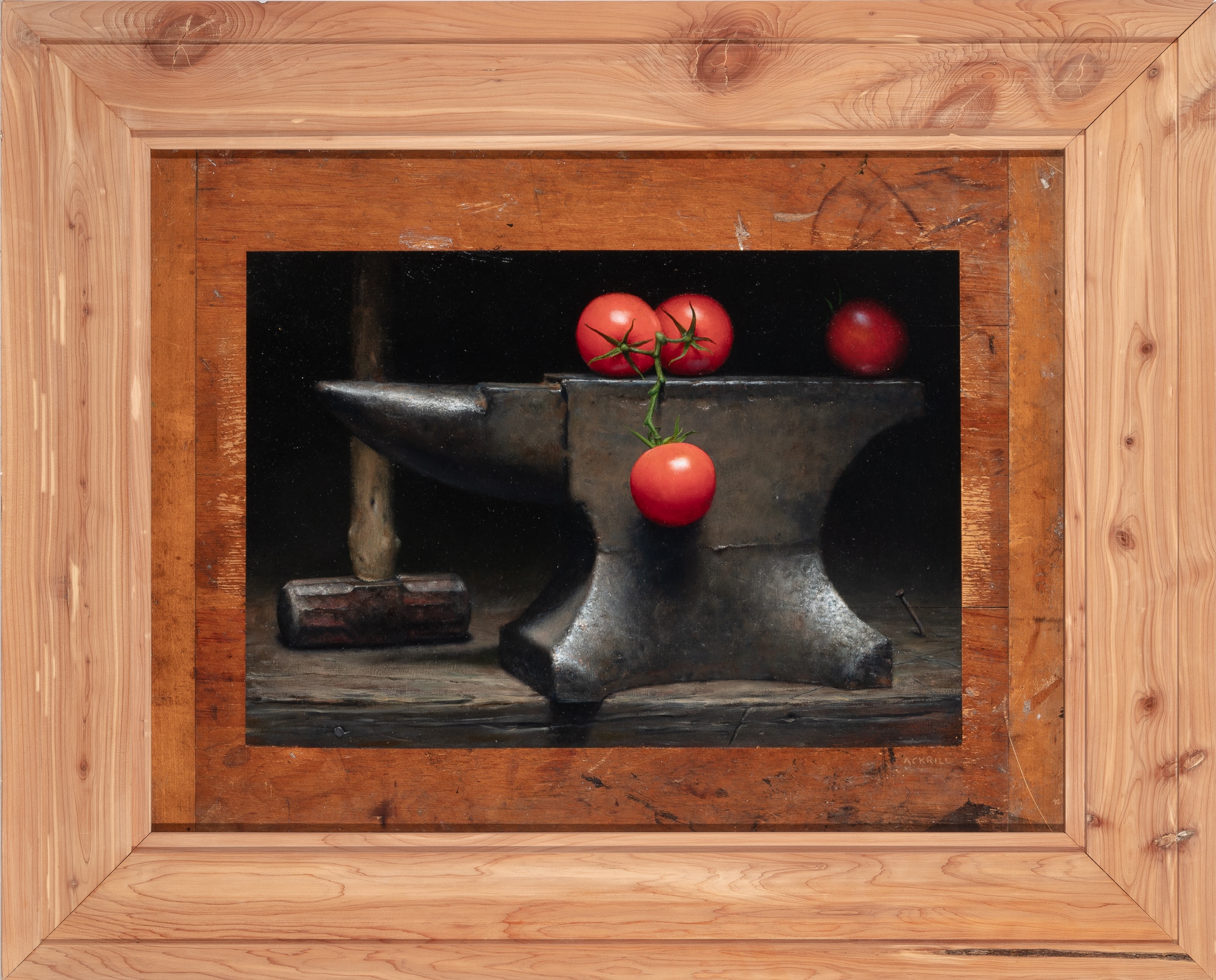 Artwork by Anthony Ackrill, Tomato and Anvil, Made of Oil on reclaimed wood panel