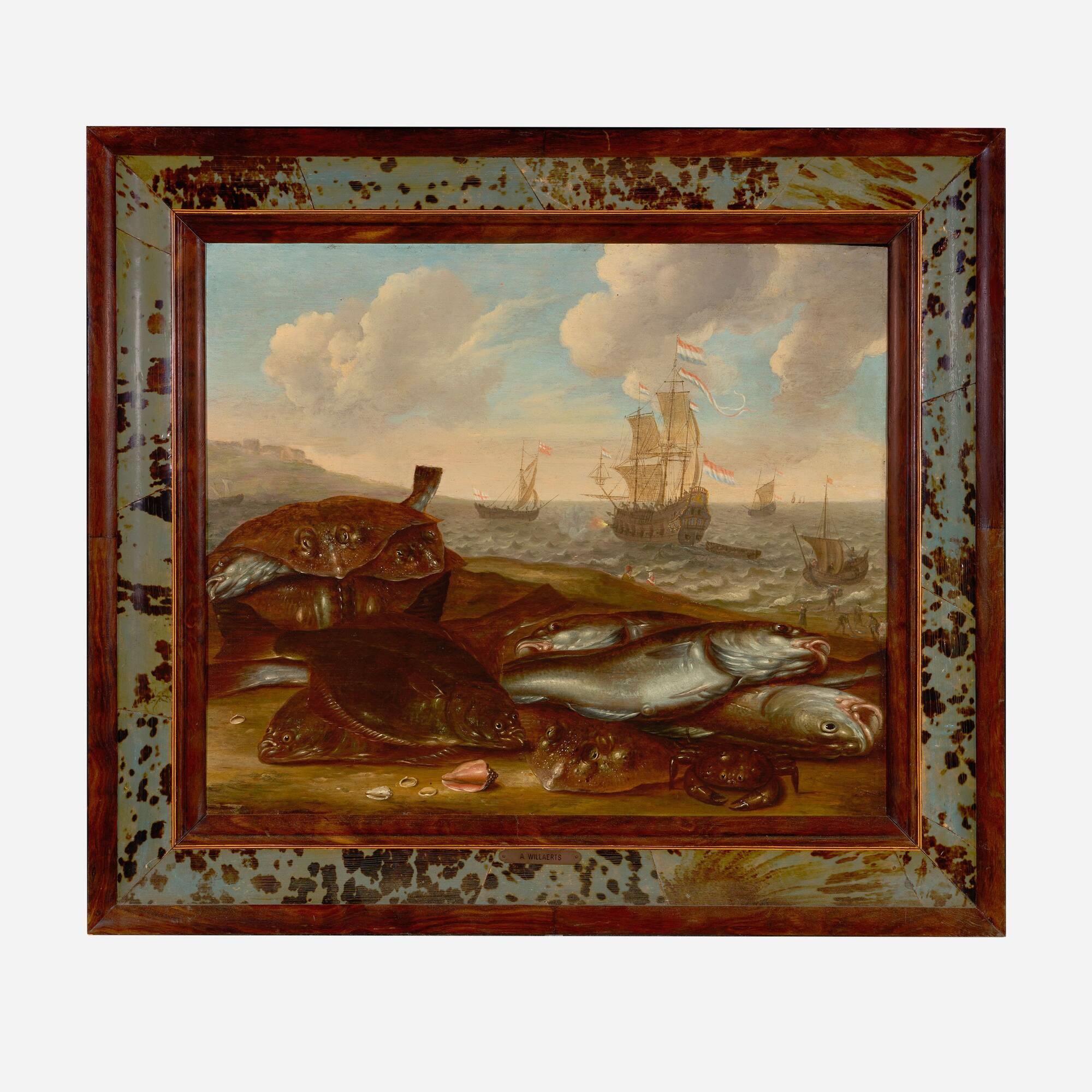 Artwork by Abraham Willaerts, Seascape with various vessels, with fish in foreground, Made of oil on panel