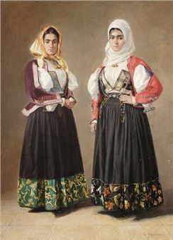 Guglielmo BILANCIONI (1836-1907) Two Women in Balkan Costume Original canvas, signed lower right 57 x 42 - Guglielmo Bilancioni
