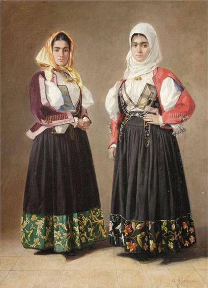 Guglielmo BILANCIONI (1836-1907) Two Women in Balkan Costume Original canvas, signed lower right 57 x 42 - Guglielmo Bilancioni