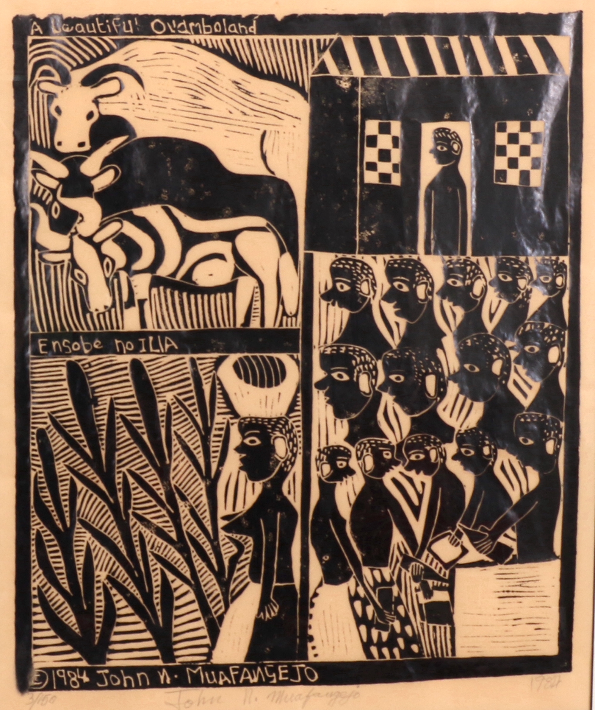 Artwork by John Ndevasia Muafangejo, A BEAUTIFUL OVAMBOLAND, Made of linocut