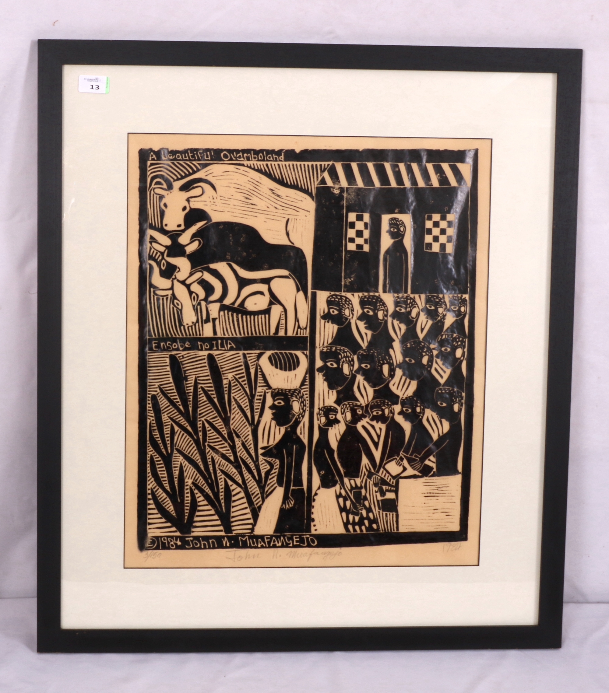 Artwork by John Ndevasia Muafangejo, A BEAUTIFUL OVAMBOLAND, Made of linocut