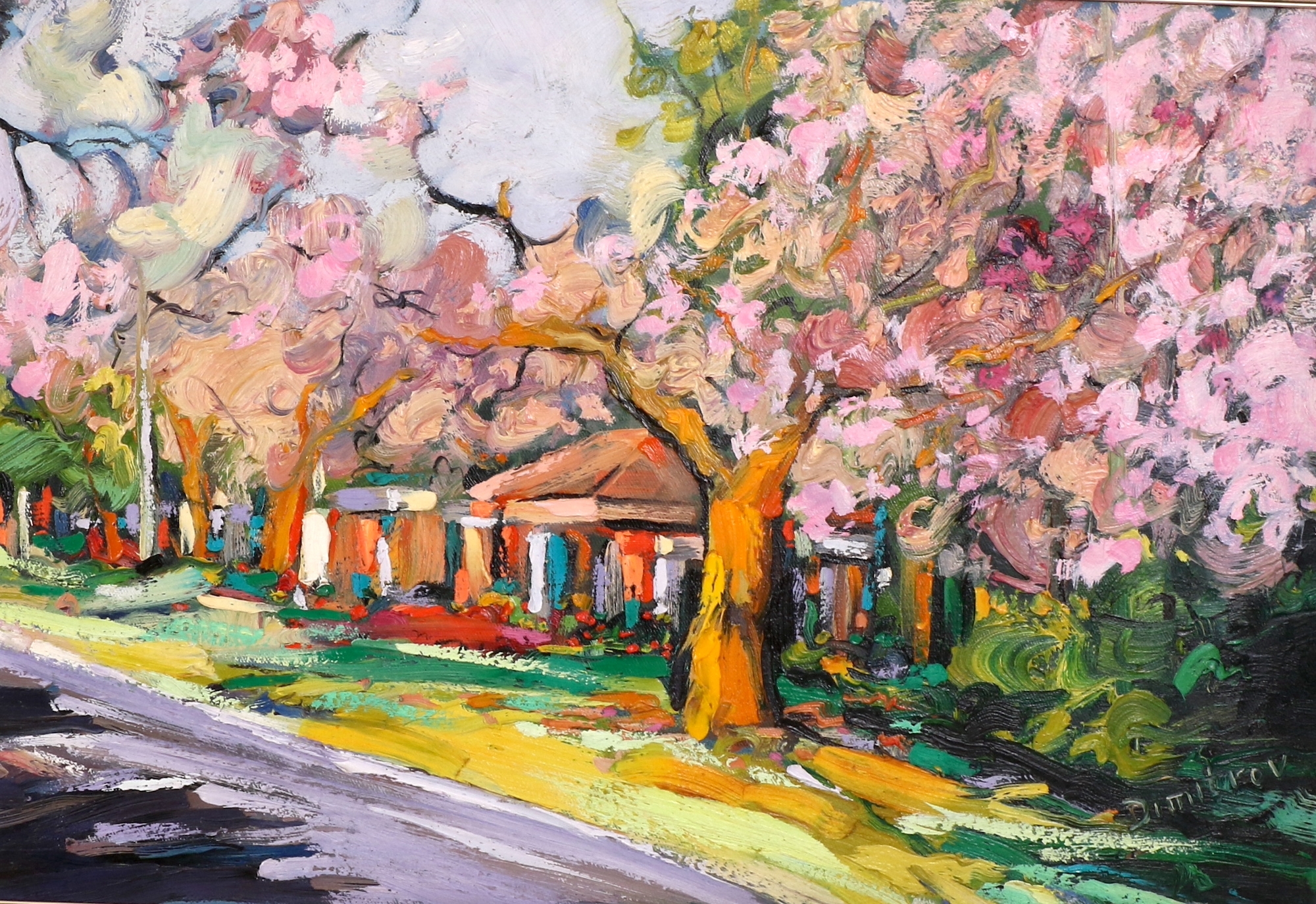 Artwork by Branko Dimitrov, STREET SCENE WITH TREES IN BLOOM, Made of oil on canvas
