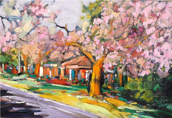 STREET SCENE WITH TREES IN BLOOM by Branko Dimitrov