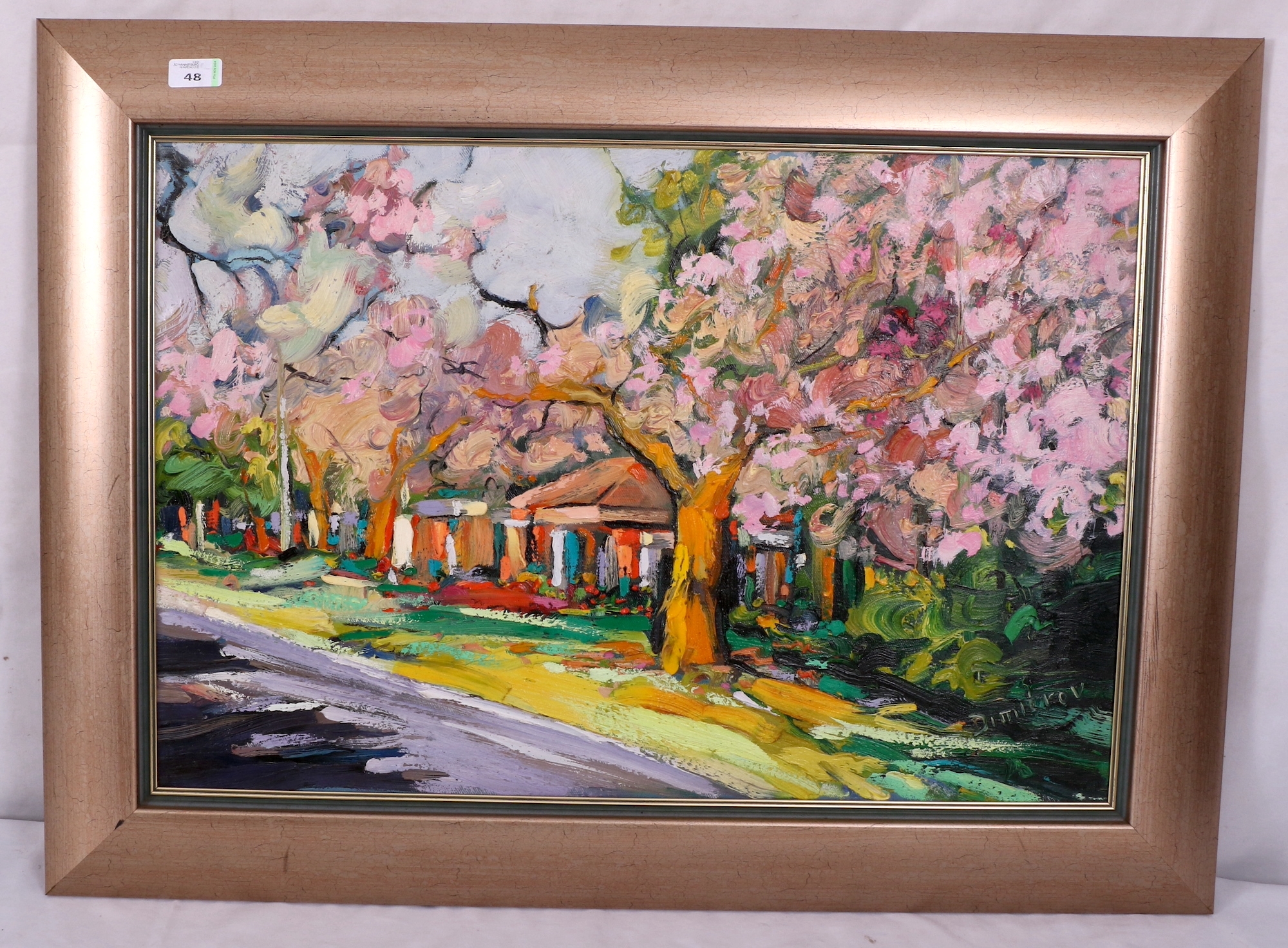 Artwork by Branko Dimitrov, STREET SCENE WITH TREES IN BLOOM, Made of oil on canvas