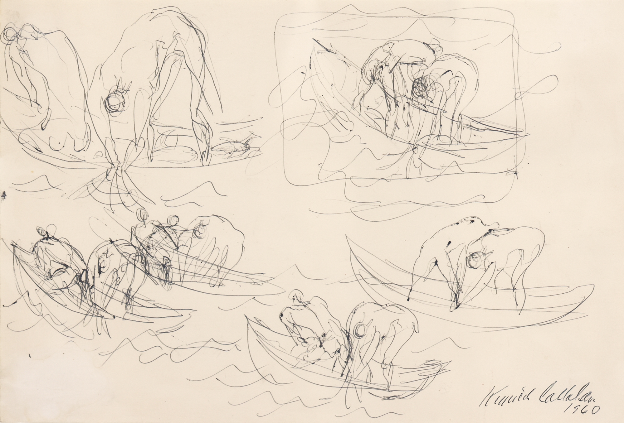 Kenneth Callahan | Kenneth Callahan ''Figures in Boats'' 1960 Ink o ...