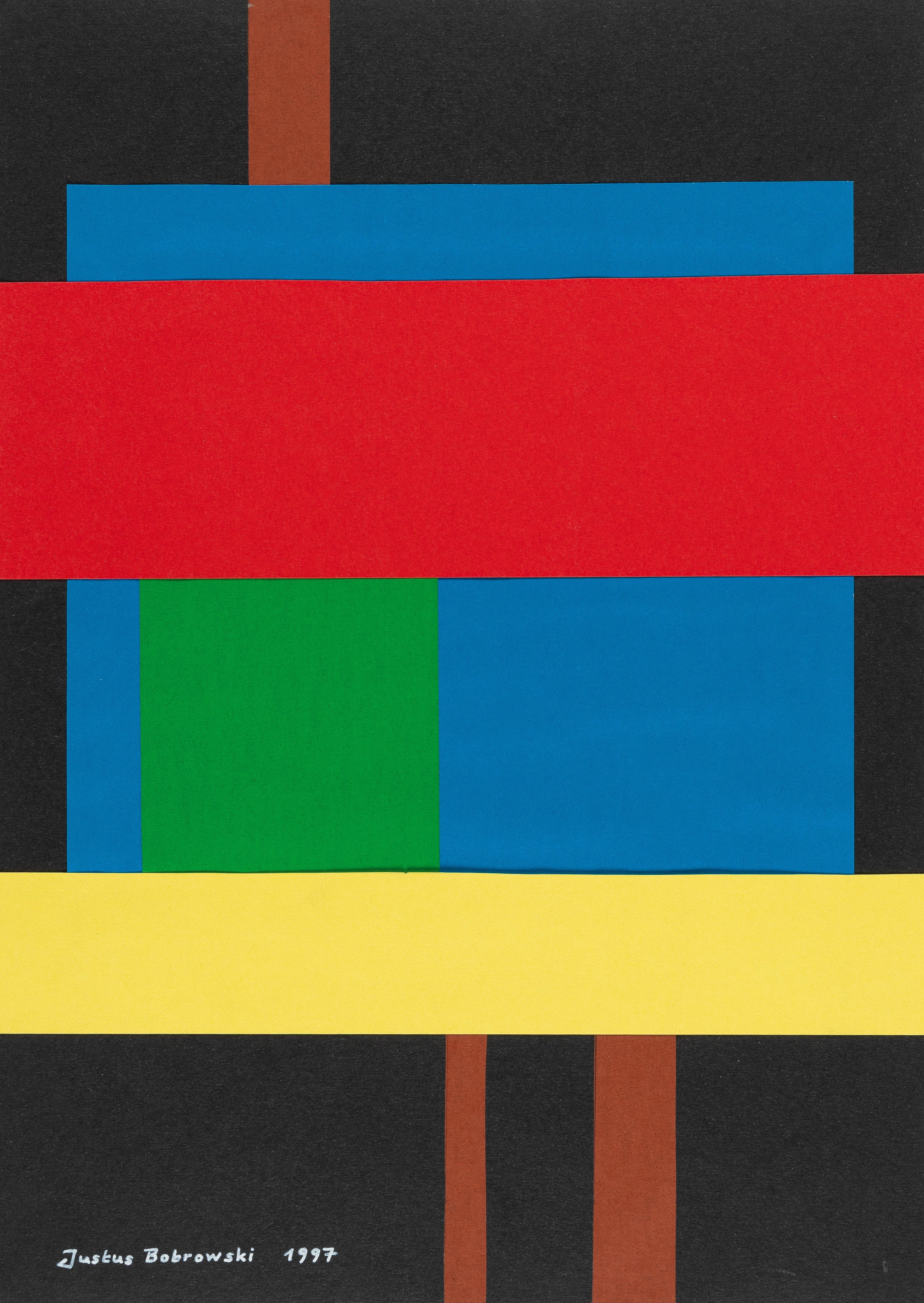 Artwork by Justus Bobrowski, Erkundliche Nacht, Made of Collage mit verschiedenen Papieren. 1997. Ca. 35 x 25 cm. Verso signiert, datiert “5. Mai 1997”, betitelt und bezeichnet