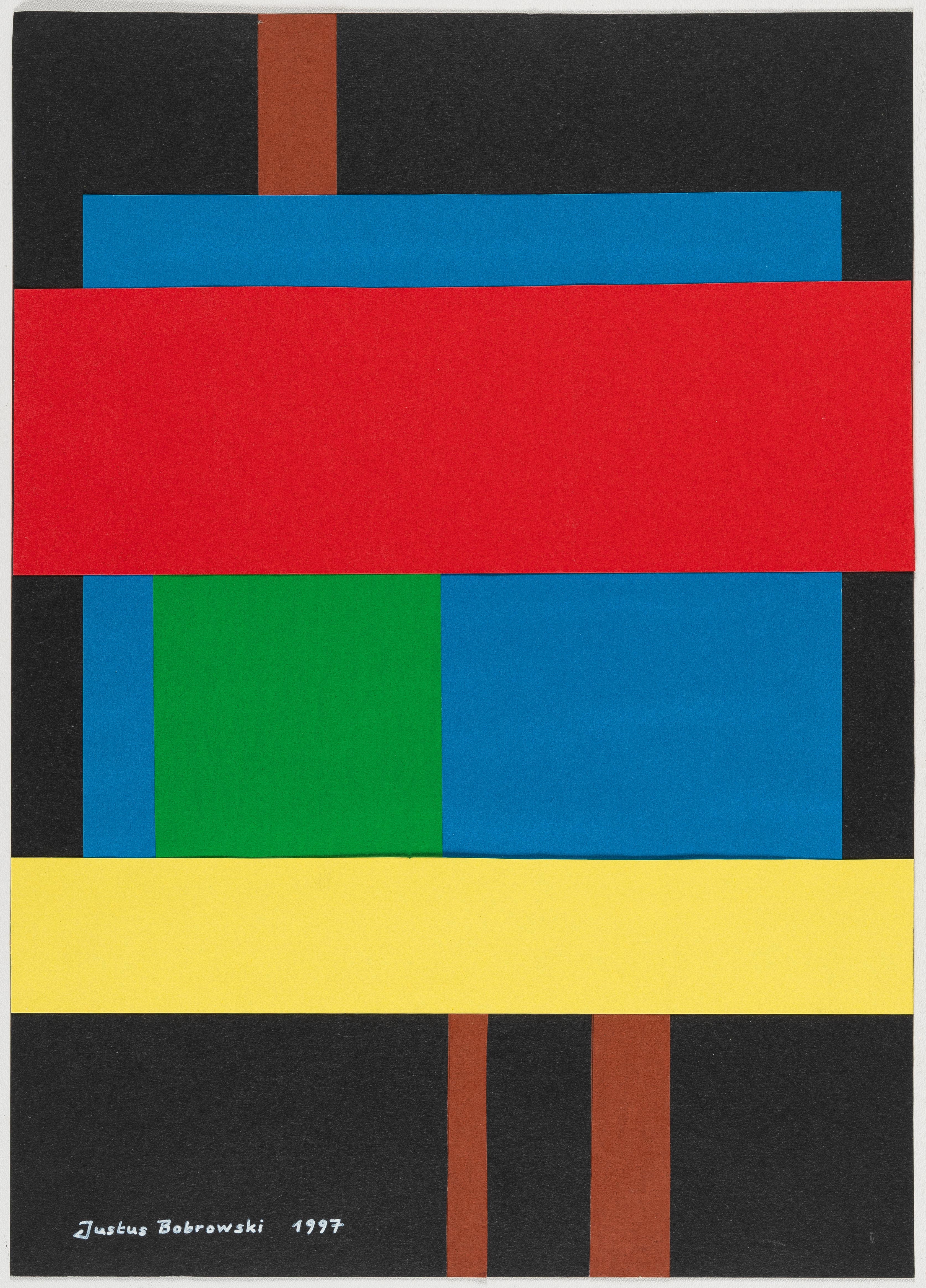 Artwork by Justus Bobrowski, Erkundliche Nacht, Made of Collage mit verschiedenen Papieren. 1997. Ca. 35 x 25 cm. Verso signiert, datiert “5. Mai 1997”, betitelt und bezeichnet