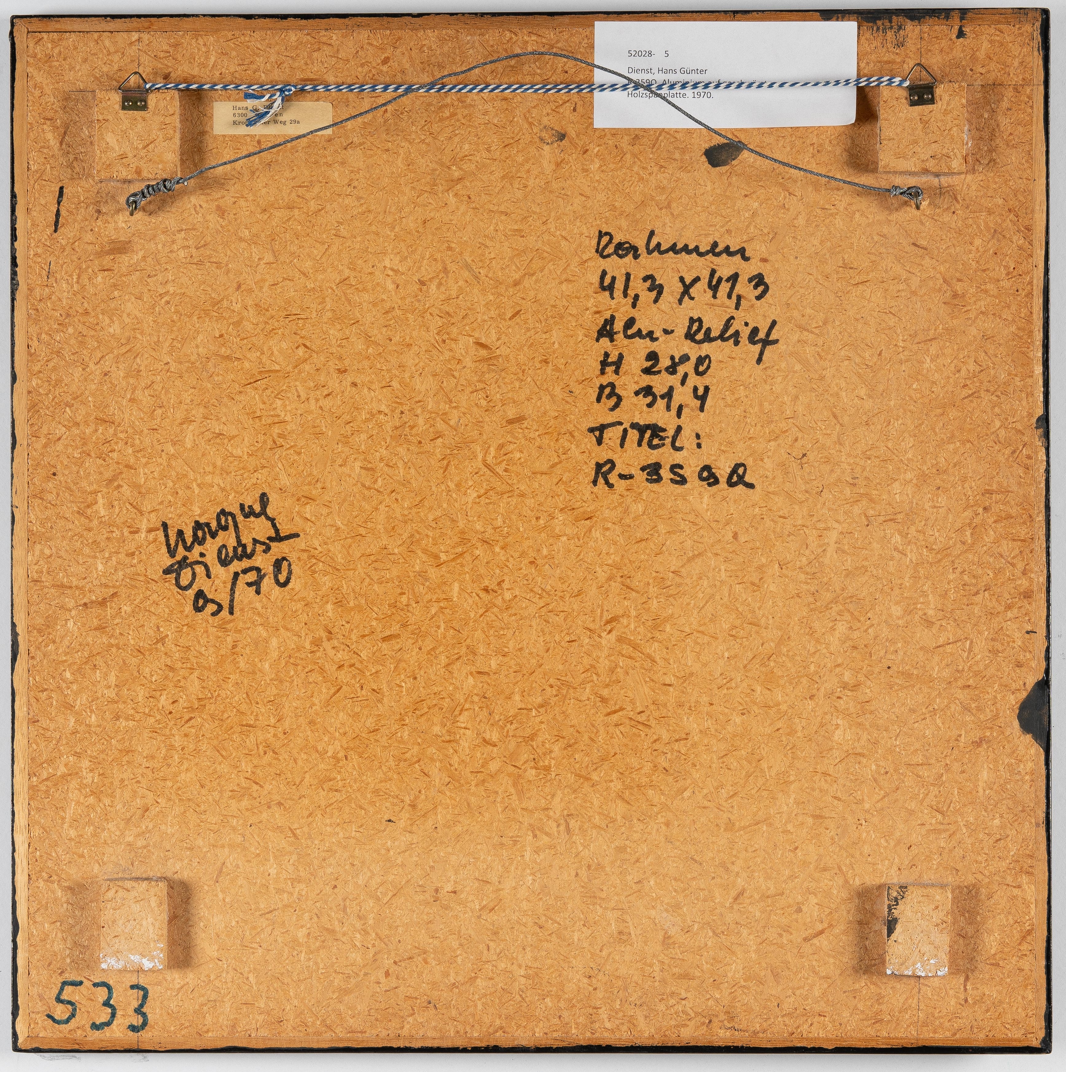 Artwork by Hans Gunter Dienst, R-359Q, Made of Aluminium auf schwarz bemalter Holzspanplatte. (19)70. Ca. 41,5 x 41,5 cm. Verso auf der Platte signiert, datiert sowie mit Technikangaben bezeichnet