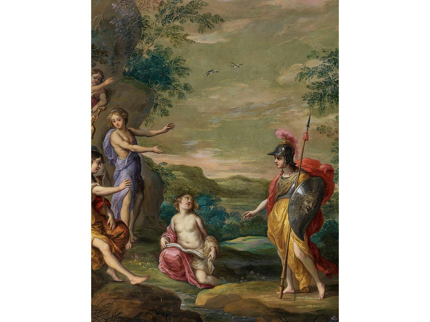 Artwork by Gillis Coignet II, LANDSCHAFT MIT MINERVA UND DEN MUSEN, Made of oil on copper