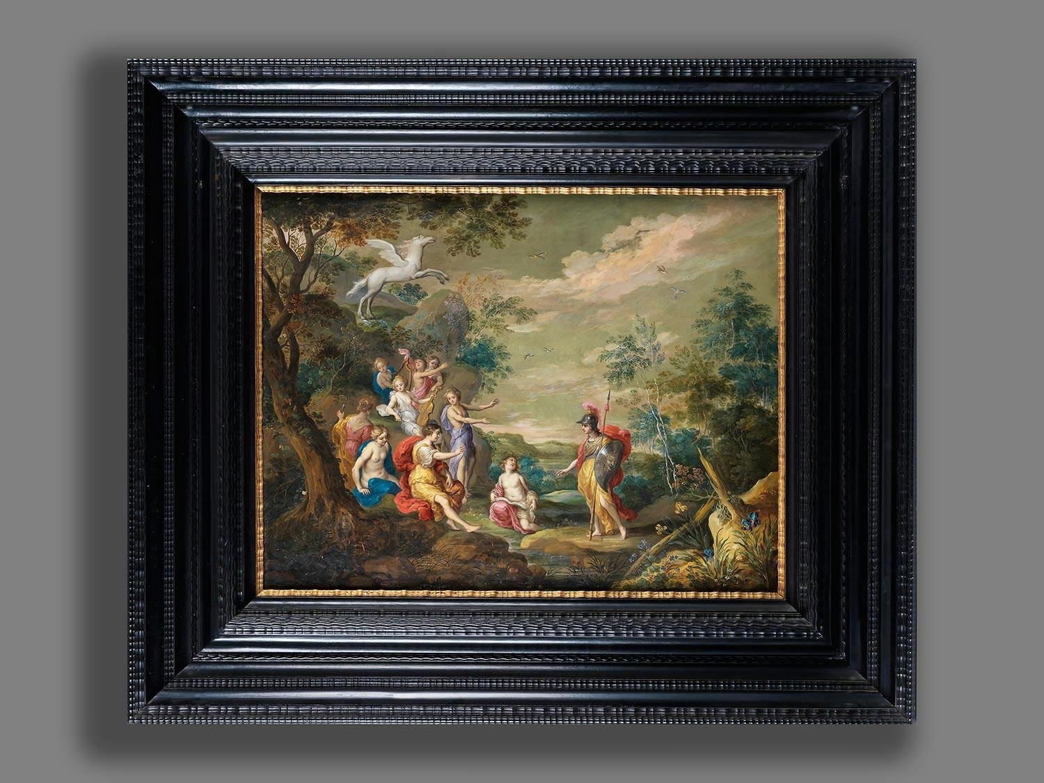 Artwork by Gillis Coignet II, LANDSCHAFT MIT MINERVA UND DEN MUSEN, Made of oil on copper