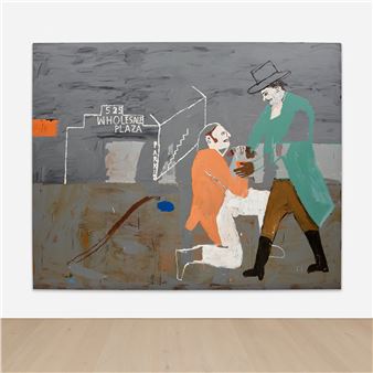 A dramatic scene of a kneeling figure in orange being held by a standing figure in green against an urban backdrop.