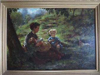 Study of a woman and children in a woodland setting - Emile Renard