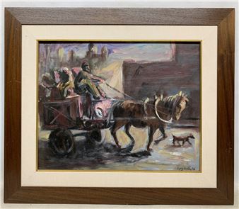 Lopez Cortez &quot;Carruaje con caballo y perro&quot; Oleo sobre carton - Lopez Cortez