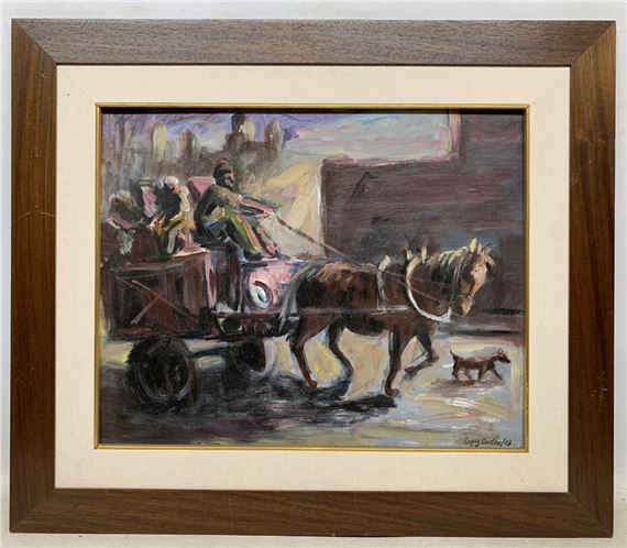 Lopez Cortez "Carruaje con caballo y perro" Oleo sobre carton - Lopez Cortez