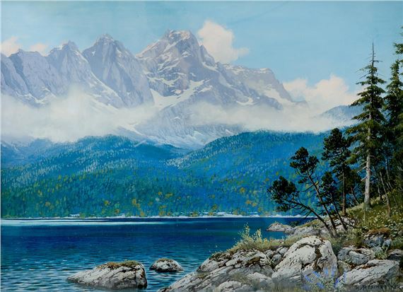 Blick über den Eibsee auf die Zugspitze by Rudolf Reschreiter, um 1900