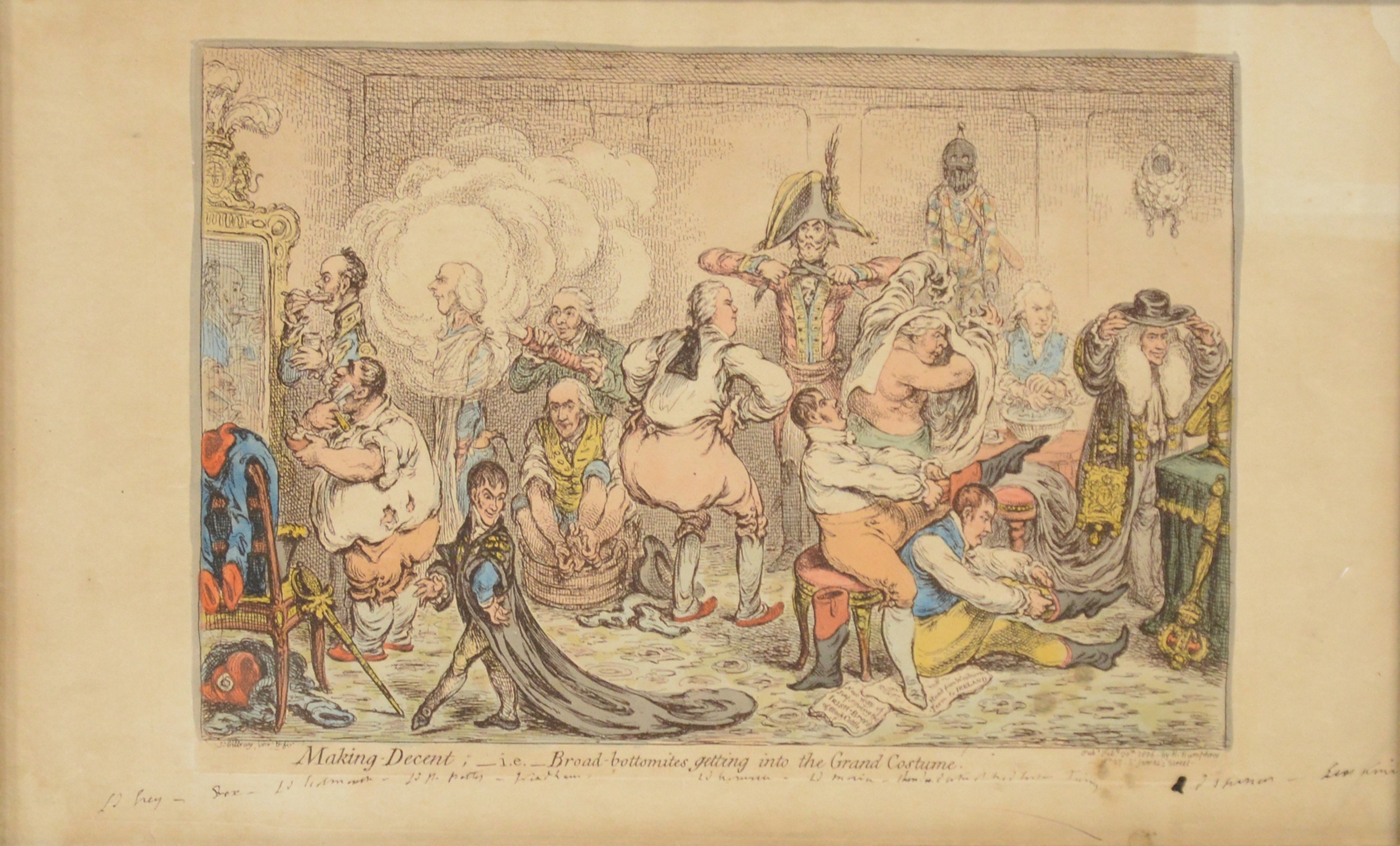 Artwork by James Gillray, Making Decent i.e. Broad-Bottomites, Made of hand coloured etching on wove paper