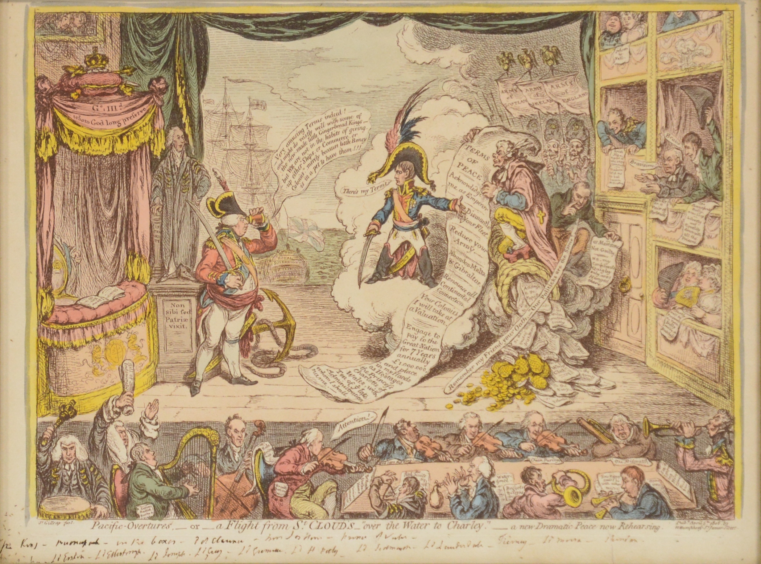 Artwork by James Gillray, Pacific Overtures - or - a Flight from St Clouds, Made of hand coloured
