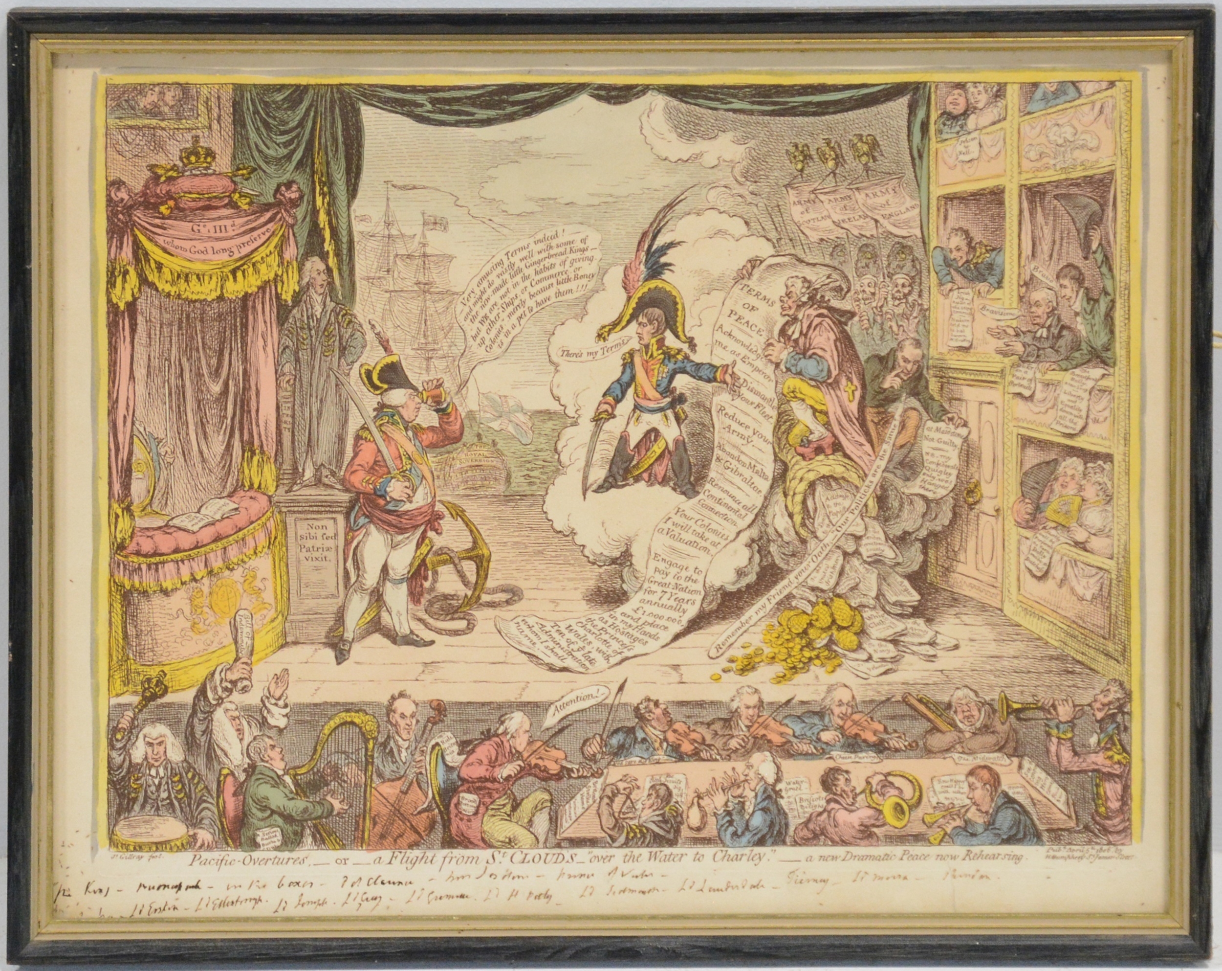 Artwork by James Gillray, Pacific Overtures - or - a Flight from St Clouds, Made of hand coloured