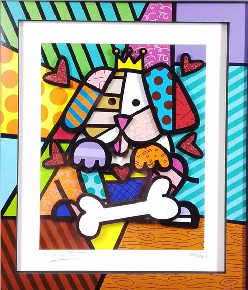 Romero Britto | Romero Britto Dog With Bone II Mix Media | MutualArt