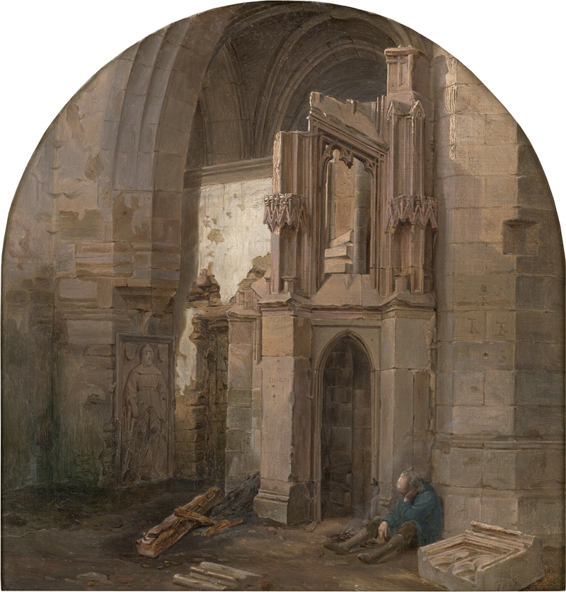 Artwork by Hermann Anton Stilke, Gotische Ruine mit Schlafendem an einem kleinen Feuer, Made of oil on canvas