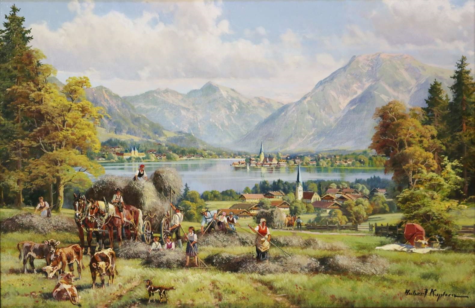 Artwork by Hubert Kaplan, Heuernte am Tegernsee, Made of oil/wood