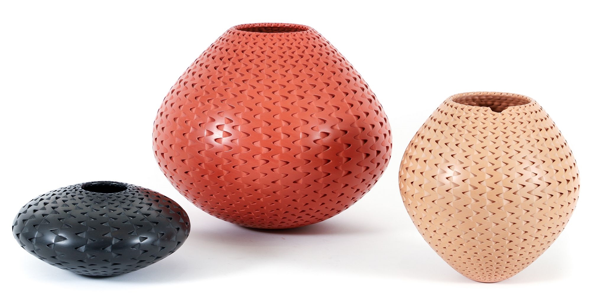 Artwork by Michael Wisner, 3 Michael Wisner ceramic vases with relief decoration, Made of Tan, and Black),  , ceramic