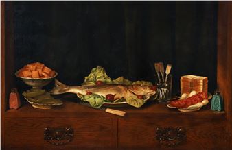 Elaborate Dinner Still Life on Bookshelf with Fish - Louis P. Spinner