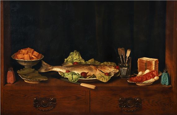 Elaborate Dinner Still Life on Bookshelf with Fish by Louis P. Spinner, circa 1885
