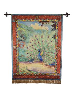 Early 20th Century Art Deco Period Painted Tapestry of a Peacock in a Landscape, Signed William Relfe and dated 1933, Oil on canvas, with applied fringe and iron hanging bar, 54&quot; x 40&quot; - William Relfe