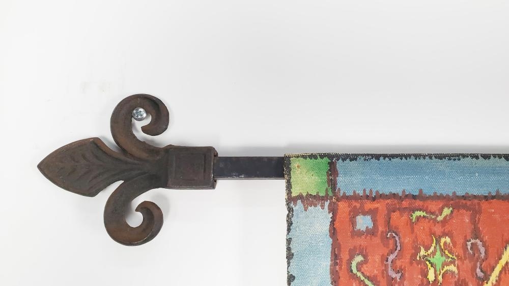 Artwork by William Relfe, Early 20th Century Art Deco Period Painted Tapestry of a Peacock in a Landscape, Signed William Relfe and dated 1933, Oil on canvas, with applied fringe and iron hanging bar, 54" x 40", Made of oil on canvas