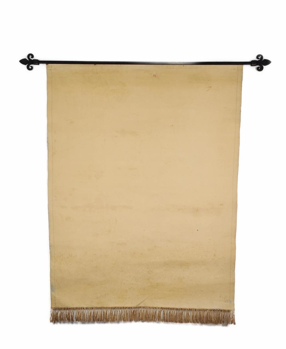 Artwork by William Relfe, Early 20th Century Art Deco Period Painted Tapestry of a Peacock in a Landscape, Signed William Relfe and dated 1933, Oil on canvas, with applied fringe and iron hanging bar, 54" x 40", Made of oil on canvas