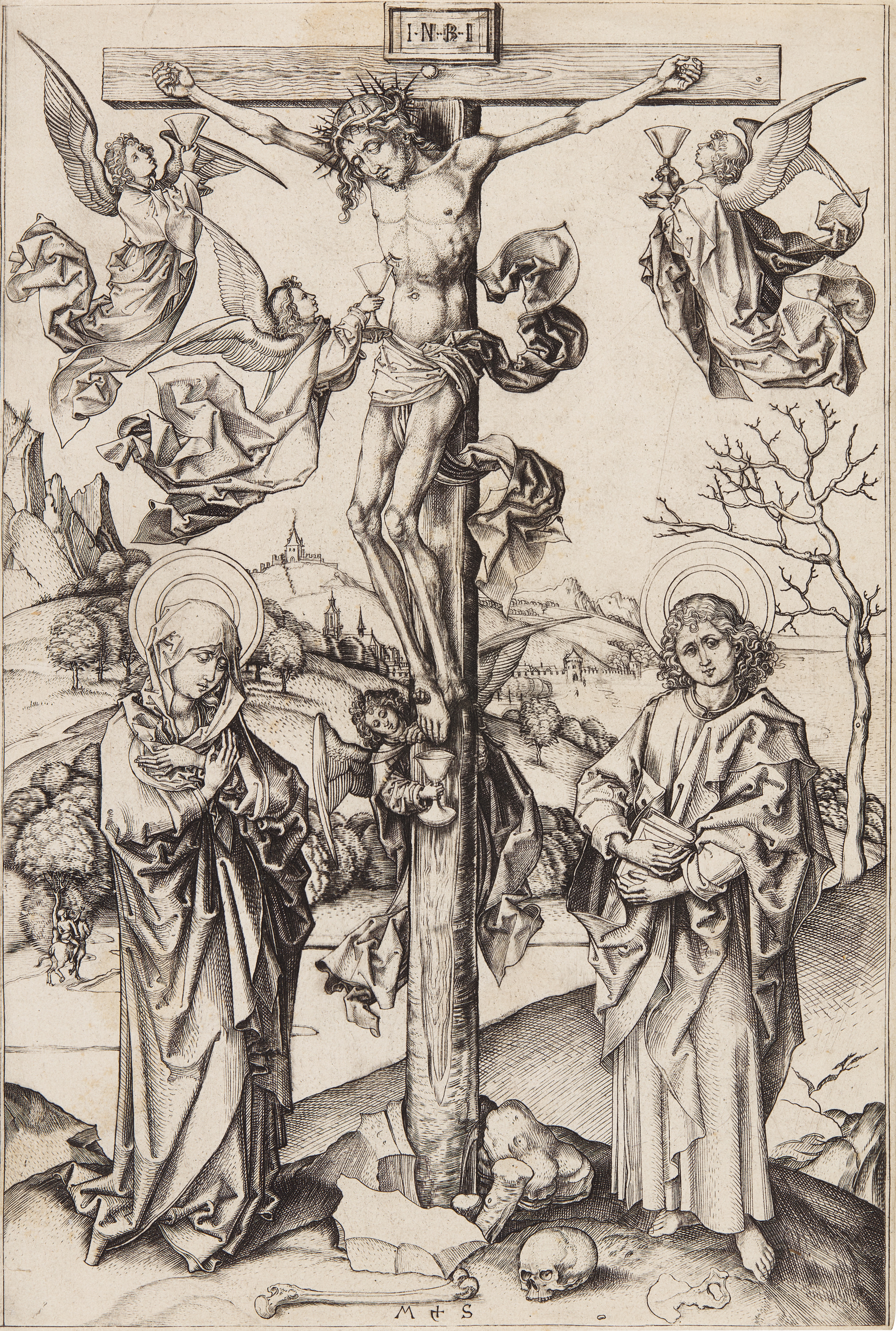 Artwork by Martin Schongauer, The Crucifixion with Four Angels, Made of engraving on laid paper