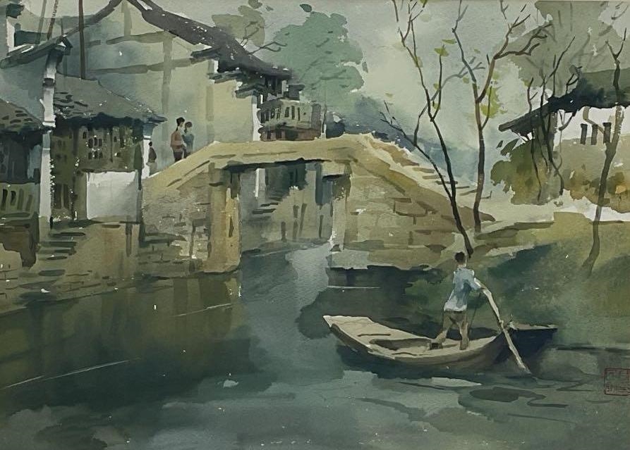 Artwork by Bei Shuming, Quiet River, Made of Watercolor