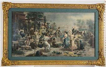 Embellished lithograph of scene of dancers and musicians entertaining Roman Emperor Nero - Emmanuel Oberhauser