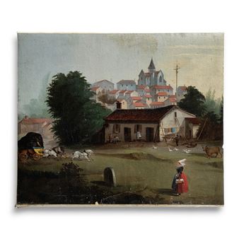 Scène animée au pied d'un village - Joseph René Gouézou