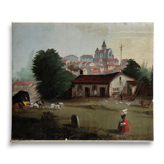 Scène animée au pied d'un village - Joseph René Gouézou