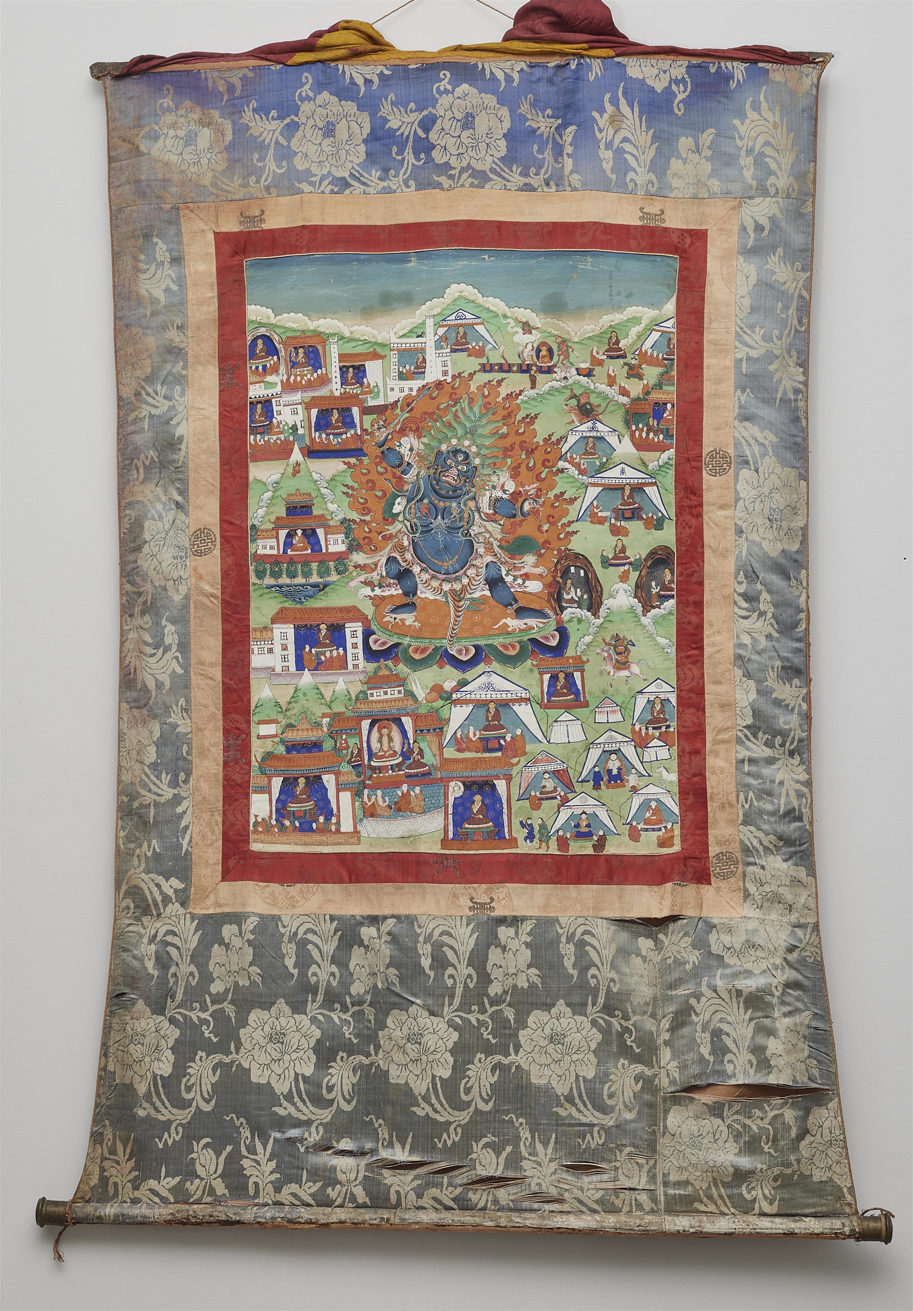 Artwork by Mongolian School, 19th Century, A Mongolian thangka of a wrethful deity, Made of blue-colour