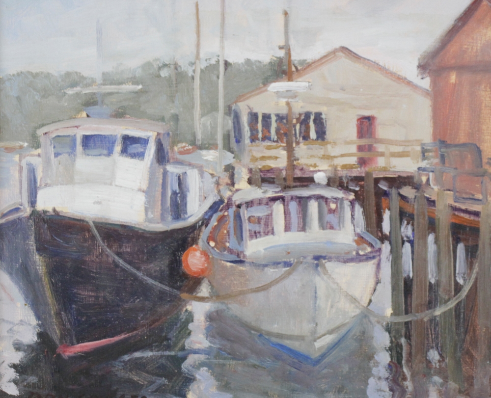 Artwork by Donald Grieger, Donald Grieger, Boats at Rocky Neck, Oil on Board, Made of oil on board
