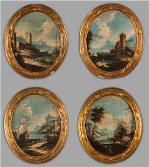 Scuola veneta sec.XVIII (maestro delle montagne azzurre?) "Paesaggi marini con galeoni e personaggi" quattro olii - Maestro Delle Montagne Azzurre