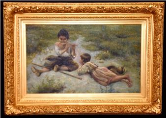 R. Devane. The pipe player entertaining his friend. Signed lower left. In elaborate gilt frame. H 53cm - R. Devane