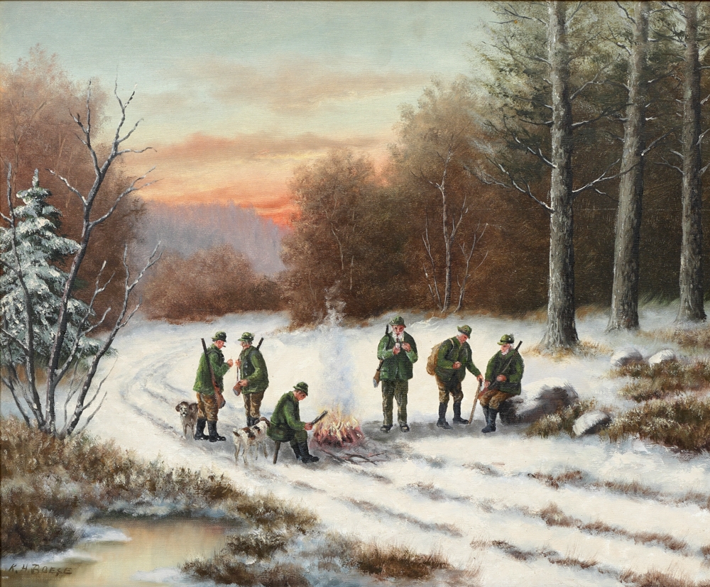 Artwork by Karl Hans Boese, Jagdpause im Schnee, Made of Öl auf Leinwand
