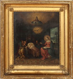 Madonna bei der Handarbeit an der Wiege des Christuskindes (Bewacht von dem über ihr schwebendem Gottvater und dem Heiligen Geist sowie in der Gesellschaft von anbetenden Engeln) - Pieter Lisaert III