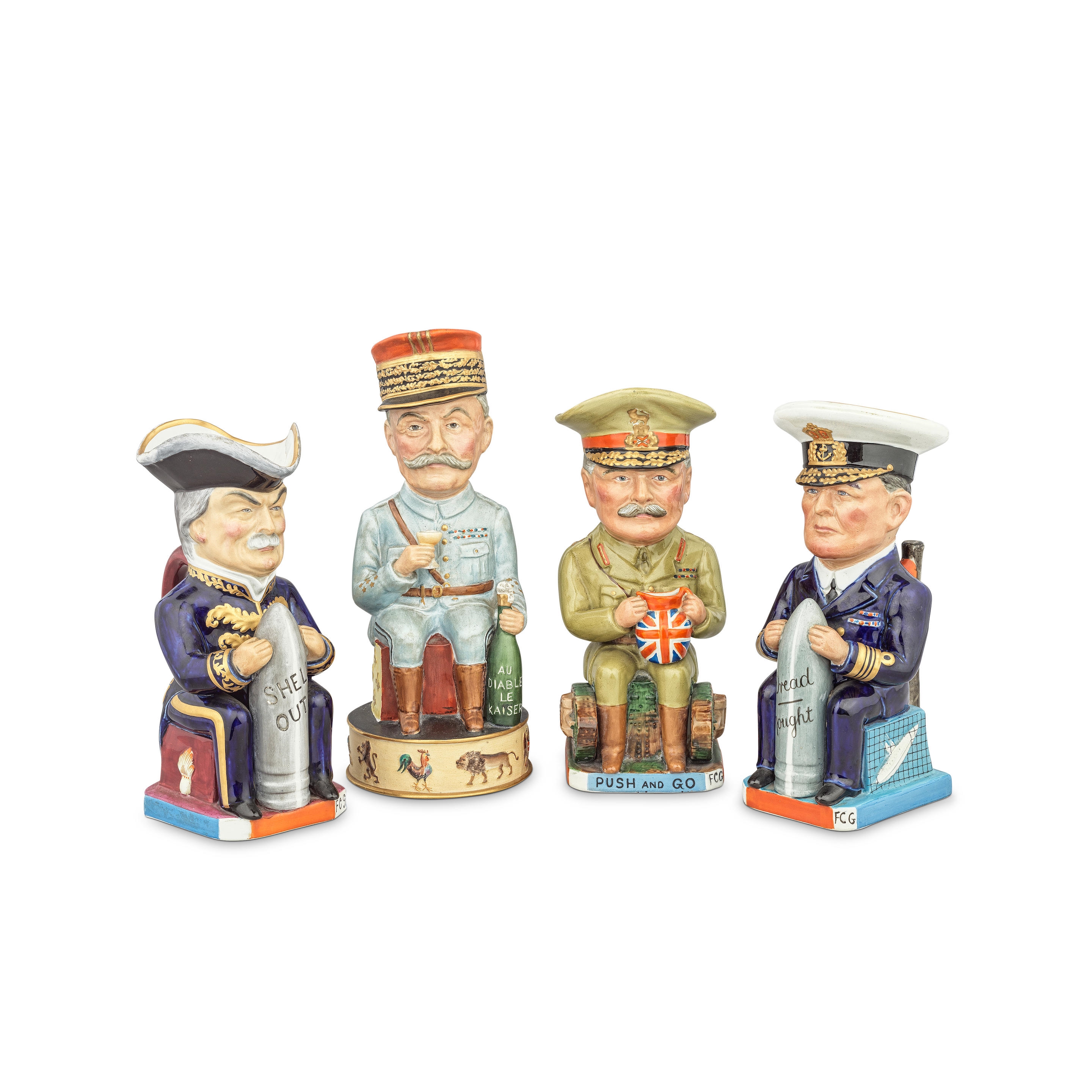 Artwork by Francis Carruthers Gould, A set of four Wilkinson Toby Jugs of Allied Commanders of the First World War, circa 1918