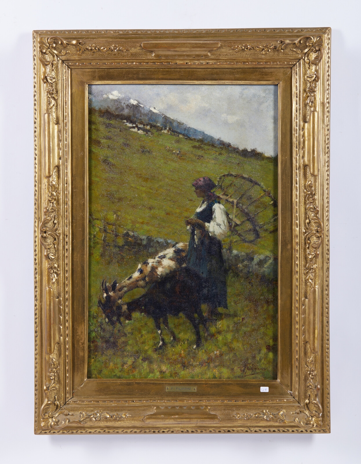 Artwork by Francesco Filippini, Mountain pasture with farmer and goats, Made of Technique : oil on canvas