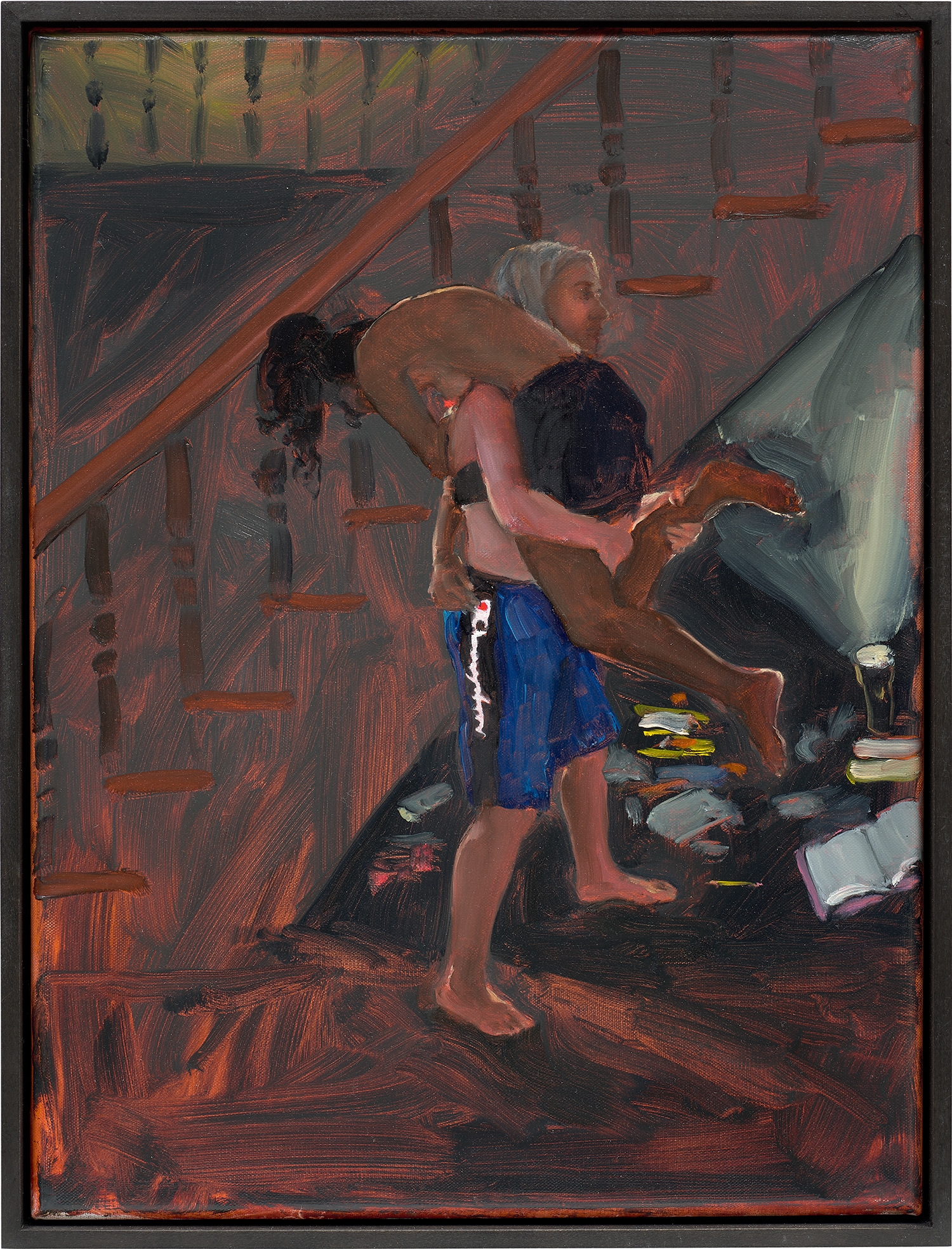 Artwork by Jenna Gribbon, Hiding Place Under the Stairs Wrestlers, Made of oil on linen