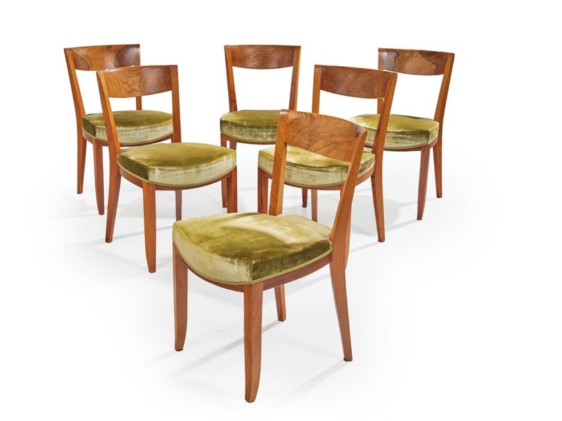 Artwork by Jules Leleu, Suite de six chaises en palissandre Garniture recouverte d'un velours vert Numérotées Vers 1940 H : 79 cm L : 45 cm P : 48 cm Bibliografie: Françoise Siriex, Made of Rosewood